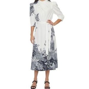 RyeGrass White & Black botanical print XL elegant collar Long Dress NWT - Maxi